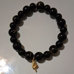 Black Onyx Bead Stretch Bracelet with Gold Charm